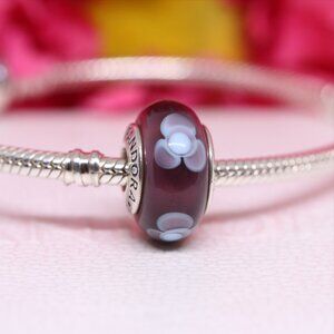 Pandora Sterling Silver Purple with Blue Flowers Murano Charm 790643